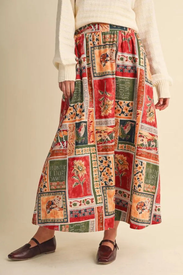 Amber Multi Patch Print A-line Midi Skirt