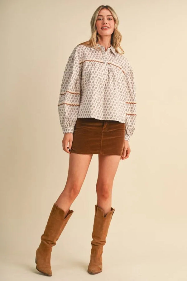 Cream Floral Lace Trim Button Up Top w Long Puff Sleeves