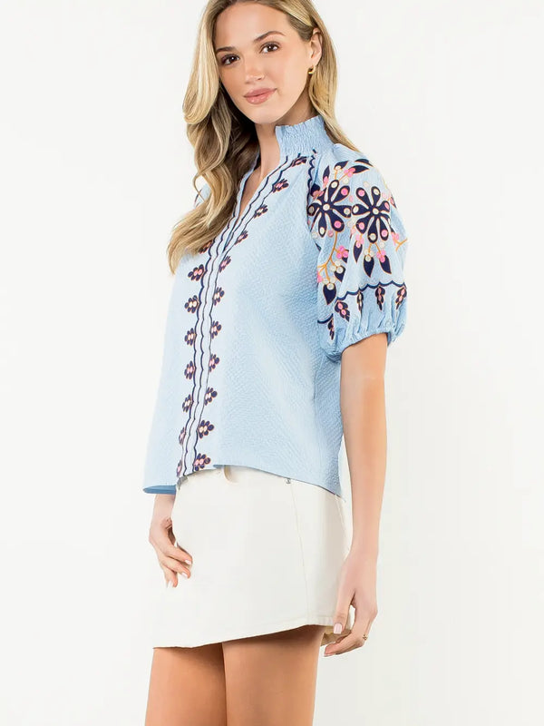 Blue Embroidered Smocked Neck Puff Top