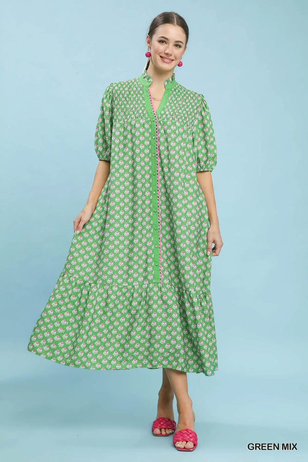 Green Floral Print Button Down Midi Dress