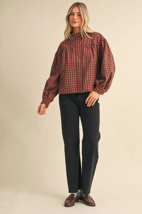 Mocha Plaid Bubble Hem Jacket