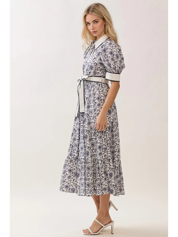 Print Contrast Trim Detail Button Down Dress