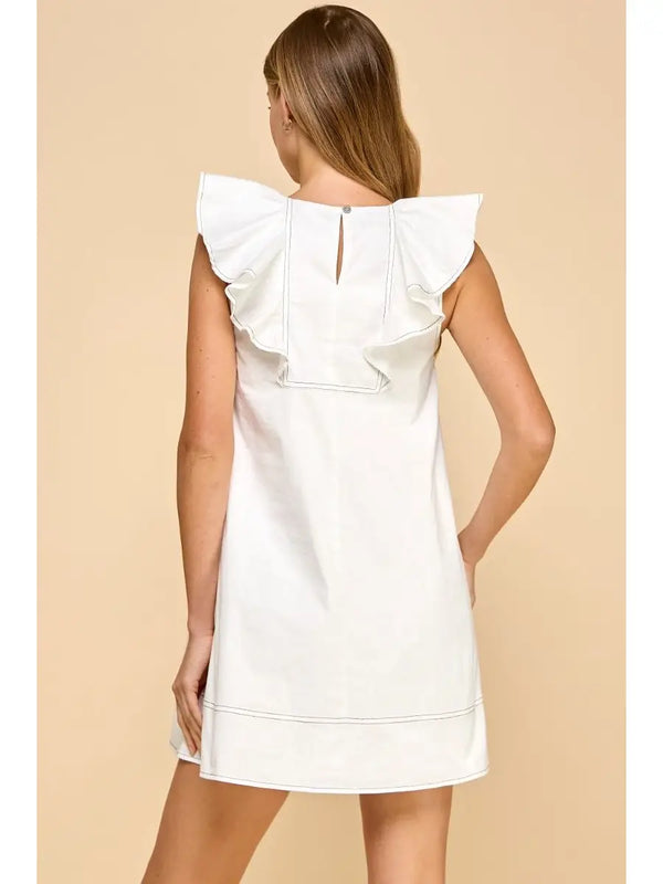 White Ruffled V Neckline Contrast Stitching Detail Dress