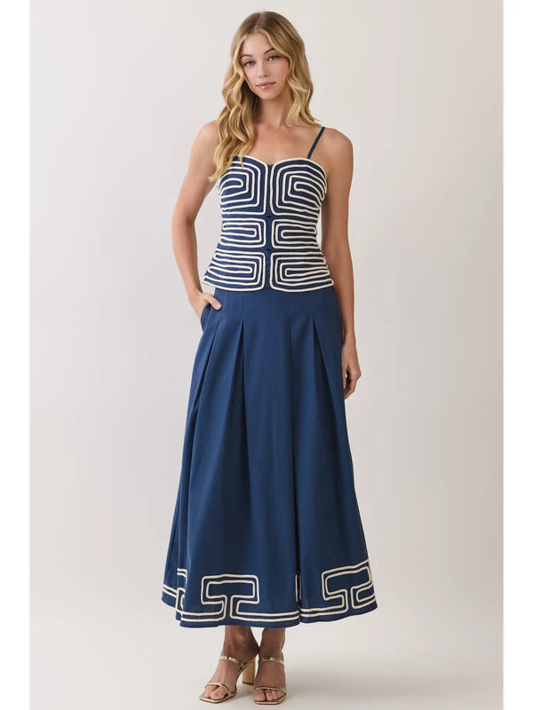 Navy Embroidered Border Pleated Maxi Skirt