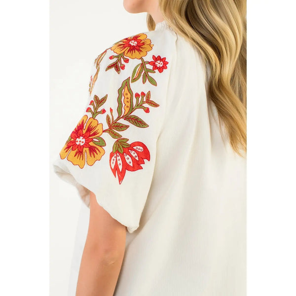 Embroidered Detail Puff Sleeve Cream Corduroy Top