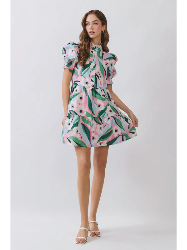 Floral Puff Sleeve Tiered Ruffle Neck Mini Dress
