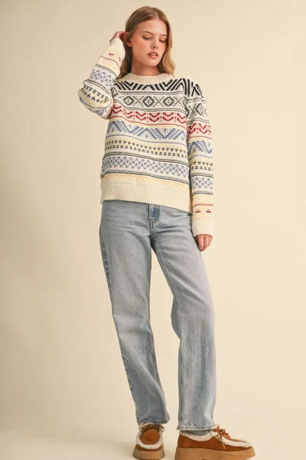 Off White & Colorful Geometric Knit Sweater