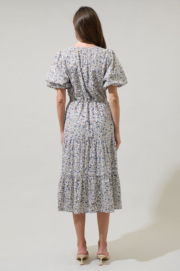 Heath Floral Balloon Sleeve Tiered Midi Dress
