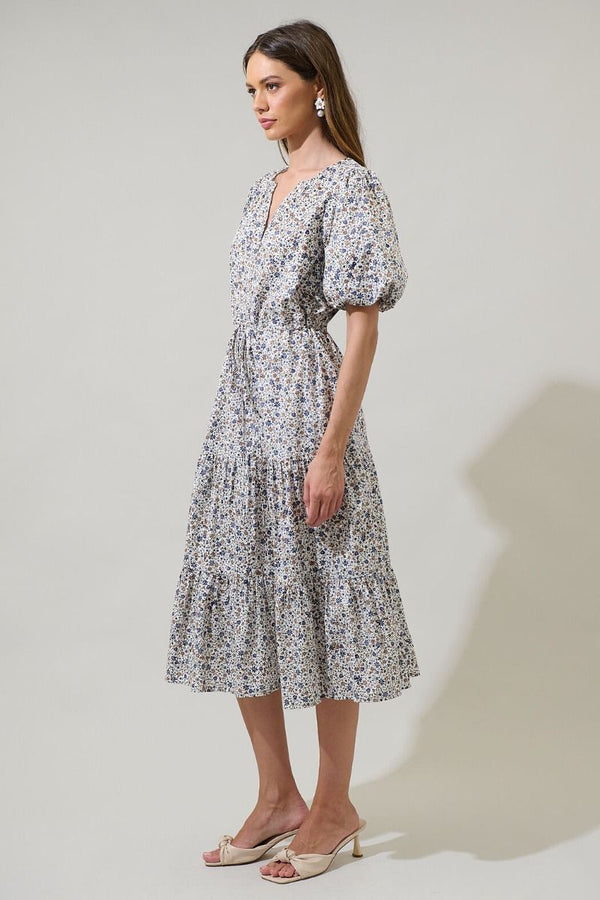 Heath Floral Balloon Sleeve Tiered Midi Dress