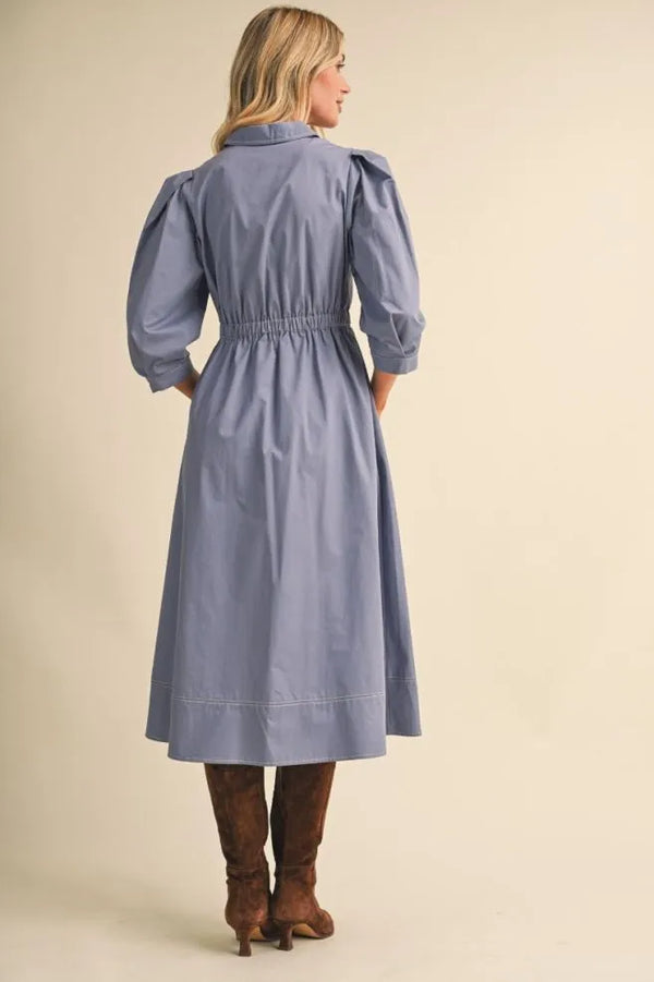 Dusty Denim Blue Belted Button Down Midi Dress