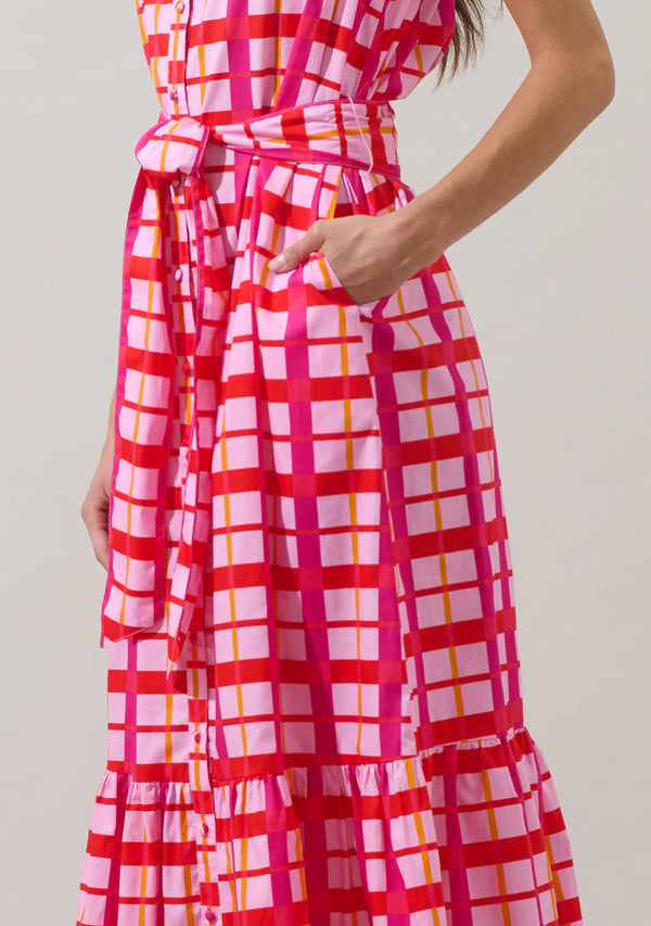 Darvy Pink & Orange Checker Cileah Collared Maxi Dress