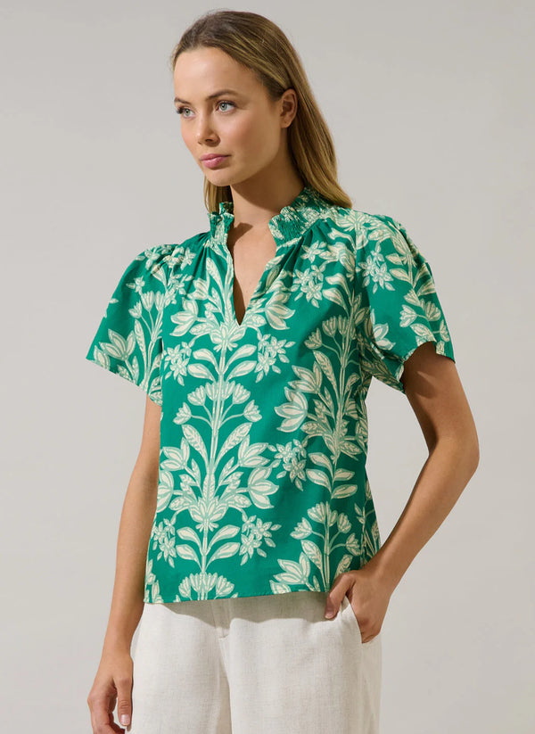 Barcy Smocked Top Estela Floral Kelly Cream