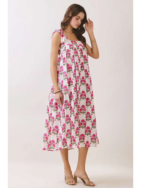 Floral Print Back Smocked Tie Strap Midi Dress