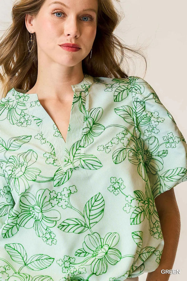 Green Embroidered Floral Print Blouse