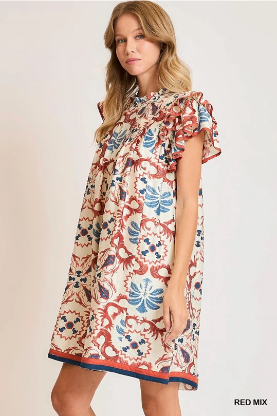 Boho Ruffle Sleeve Printed Dress