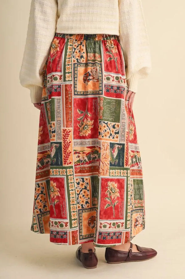 Amber Multi Patch Print A-line Midi Skirt