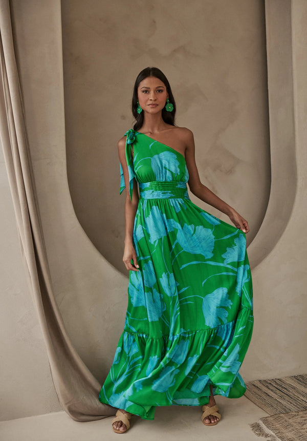 Seamoss Blue Floral Bayou One Shoulder Maxi Dress