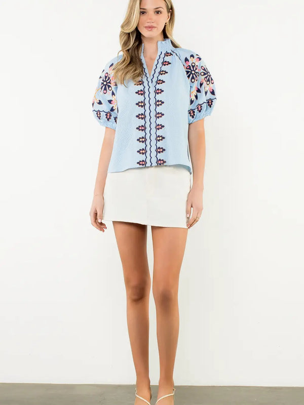 Blue Embroidered Smocked Neck Puff Top