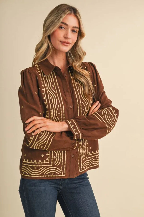 Suede Chocolate Brown Embroidered Top