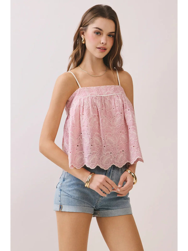 Pink Lace Babydoll Cami Top with Scalloped Hem