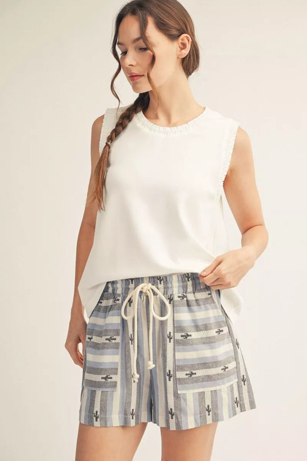 Off White Smocking Edge Detail Casual Tank Top
