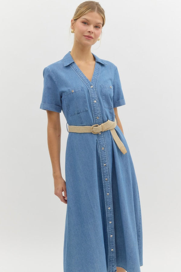 Denim Midi Shirt Dress with Belt