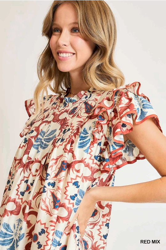 Boho Ruffle Sleeve Printed Dress