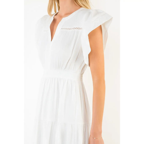 White Ruffled Sleeves V-Neck Tiered Midi Dress