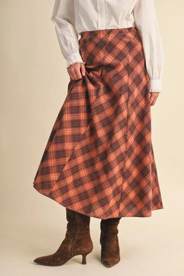 Copper Brown Plaid Maxi Skirt