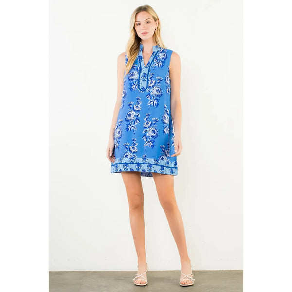 Blue Sleeveless Floral Print Dress