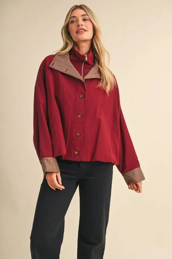 Rustic Red Bubble Hem Houndstooth Coat