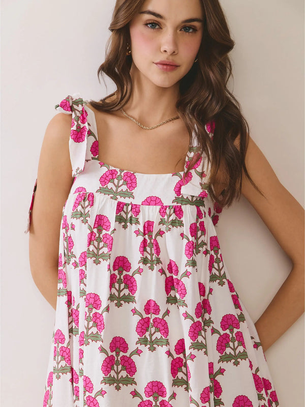 Floral Print Back Smocked Tie Strap Midi Dress