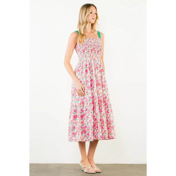 Pink Floral Print Smocked Bodice Tiered Maxi Dress