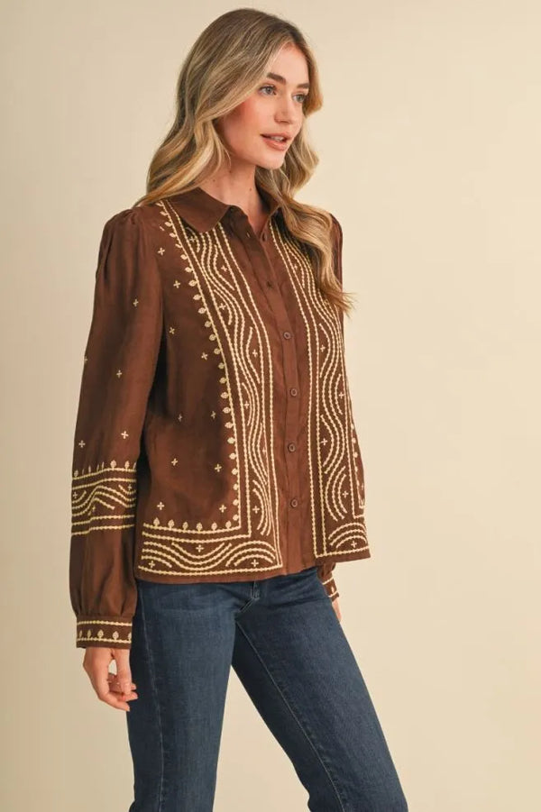 Suede Chocolate Brown Embroidered Top