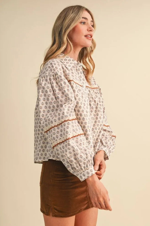 Cream Floral Lace Trim Button Up Top w Long Puff Sleeves