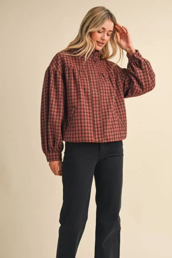 Mocha Plaid Bubble Hem Jacket