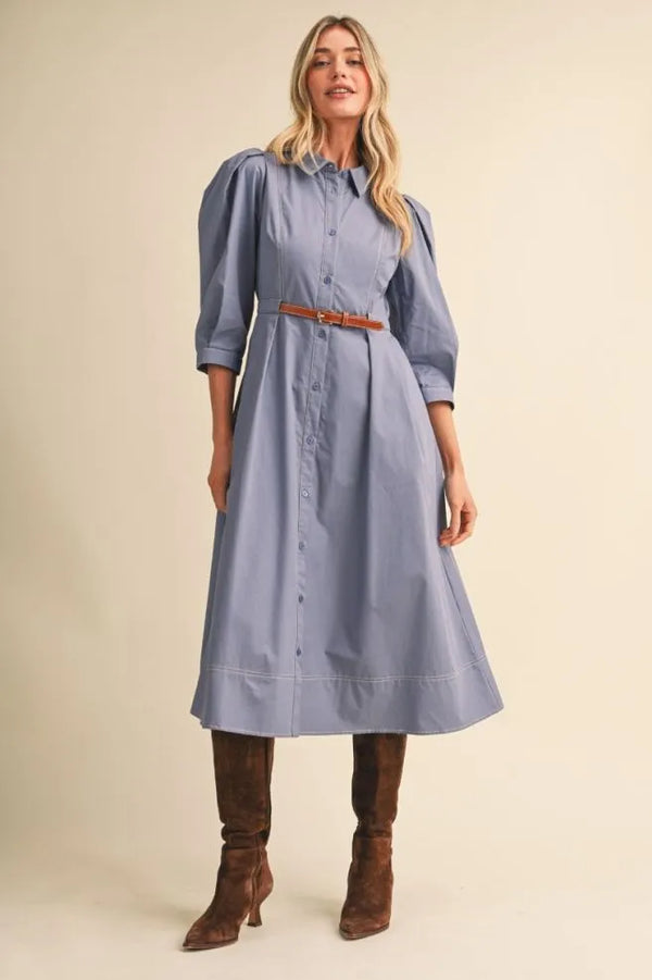 Dusty Denim Blue Belted Button Down Midi Dress