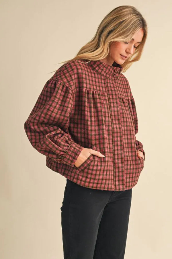 Mocha Plaid Bubble Hem Jacket