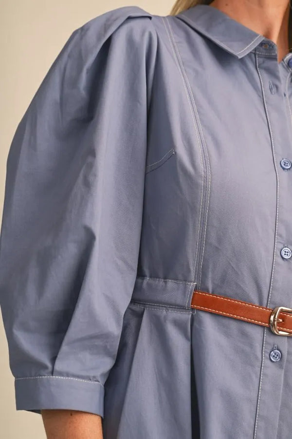 Dusty Denim Blue Belted Button Down Midi Dress