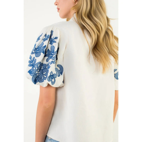 Puff Sleeve Embroidered Detail Corduroy Top in Cream