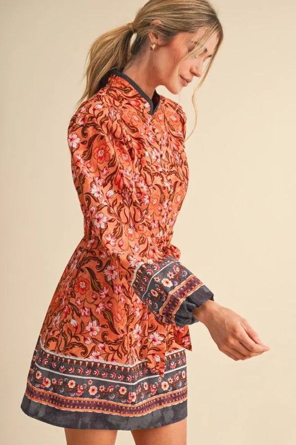 Mandarin Salmon Floral Border Print Belted Mini Dress
