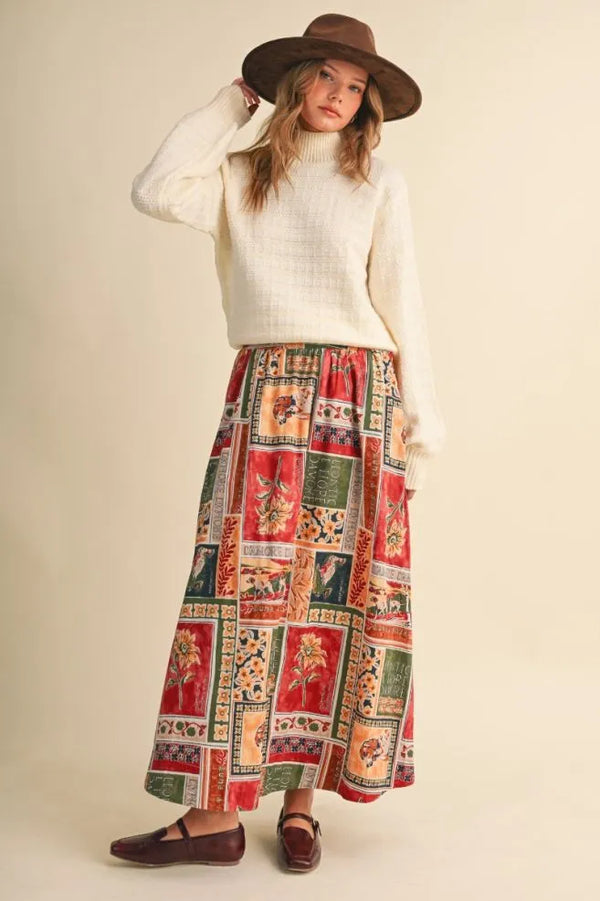 Amber Multi Patch Print A-line Midi Skirt