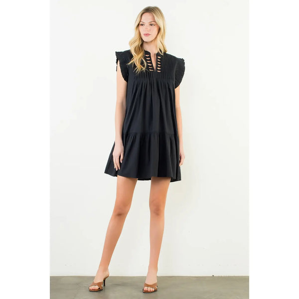 Black Pleated Split Neck Bow Detail Dress