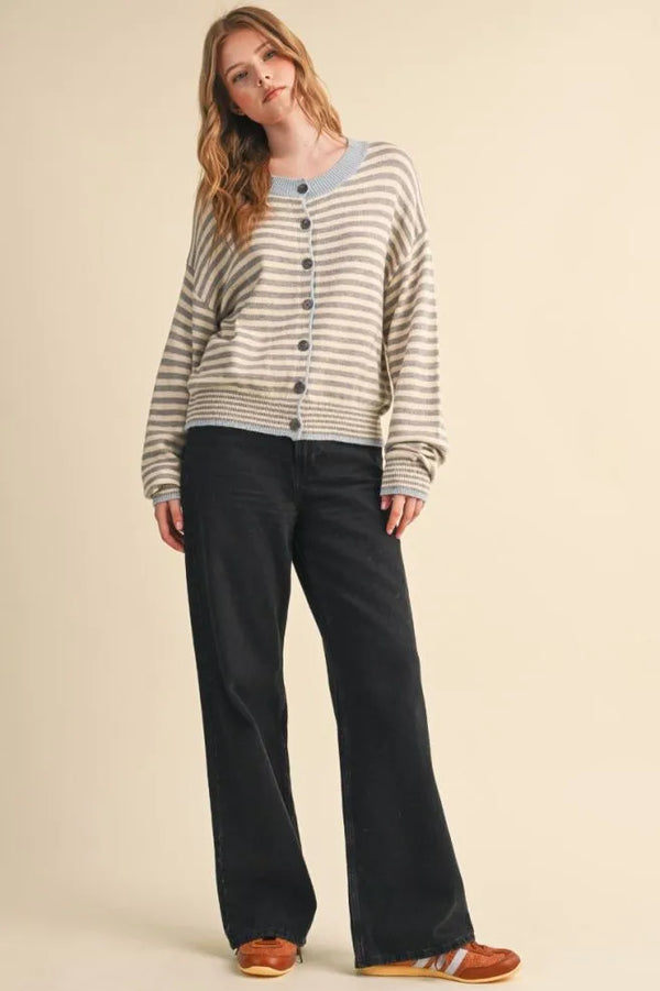 Striped Sweater Cardigan in Slate Grey