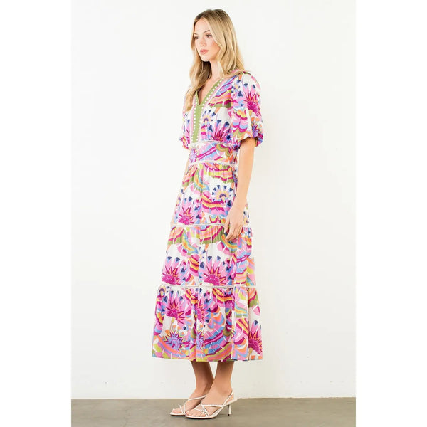 Puff Sleeve Multicolor Pattern Tiered Dress