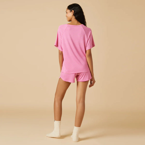 Dream Slouchy Tee Top with Shorts Lounge Set - Fuchsia Stripe