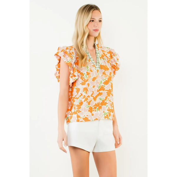Orange Flowy Sleeve Floral Print V-Neck Top