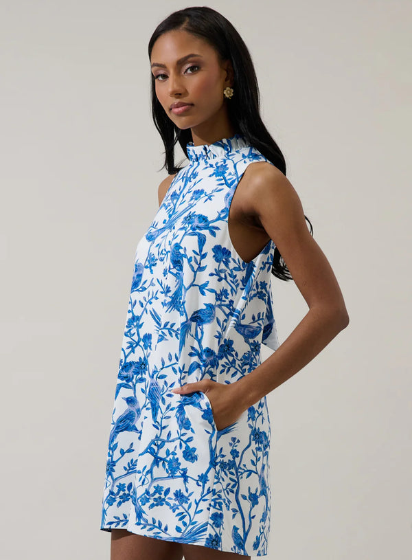 Ciela Floral Benson Trapeze Mini Dress White Blues