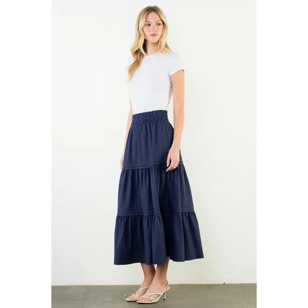 Navy Smocked Waist Tiered Long Skirt