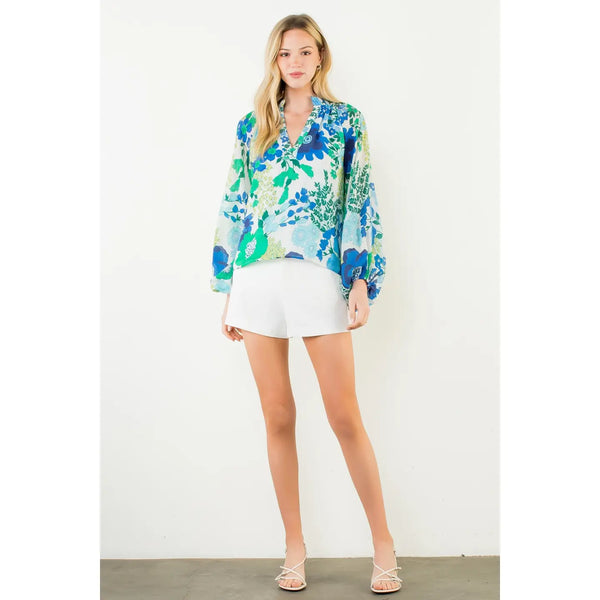 Floral Print Long Sleeve Top Blue & Green